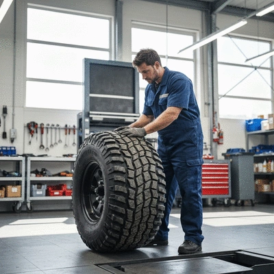 Mechanic inspecting a utility vehicle's tire, focused on tread depth and wear