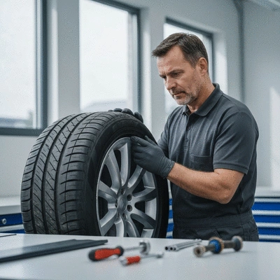Close-up of a professional inspecting a car tire, emphasizing safety and maintenance