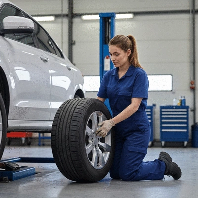 Mechanic inspecting a car tire for wear and deformation in a professional garage setting