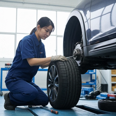 Mechanic working on car tires in a modern garage, illustrating tire services