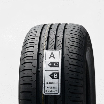 Close-up of a car tire with a fuel efficiency label (A or B class) showing reduced rolling resistance, on a clean background, no text, no words, no typography, no labels, clean image