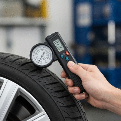 Person checking tire pressure with a gauge