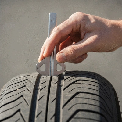 Main mesurant la profondeur de la bande de roulement d'un pneu avec une jauge