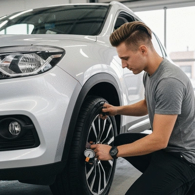 Person checking car tire pressure and tread depth, clean image
