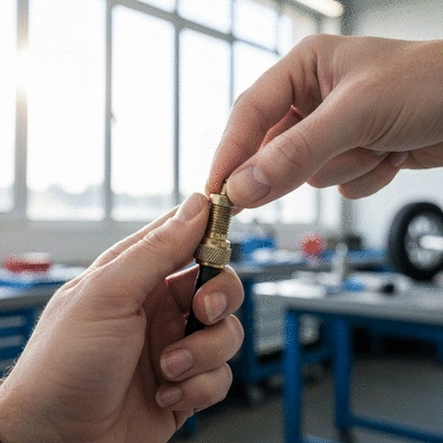 Close-up of a tire valve being inspected for damage