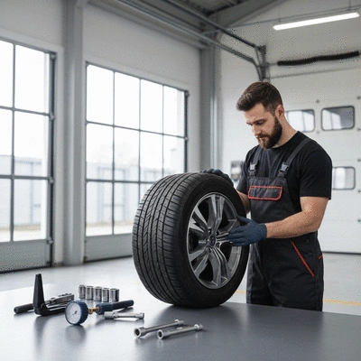 Professional mechanic inspecting a car tire in a modern garage, with tools in the foreground and a clean, well-lit environment, no text, no words, no typography, no labels, clean image