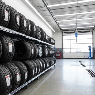 Tire store interior with various tires on display and a clean service bay, no text, no words, no typography, clean image
