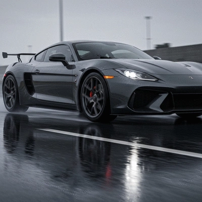 Car driving on a wet road with blurred background, showcasing tire performance in rain