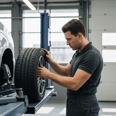 Mechanic inspecting a tire in a garage