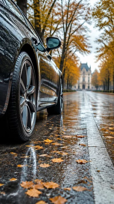 Car driving safely on a wet road with high-quality tires