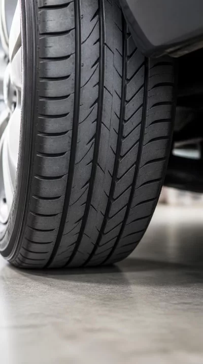 Close-up of a well-maintained used car tire with visible tread pattern, on a clean garage floor, no text, no words, no typography, 8K