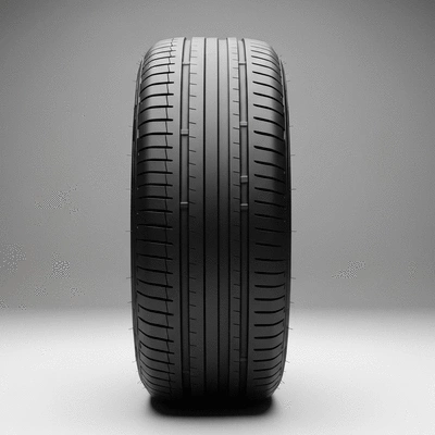 Close-up of a silent car tire with advanced tread pattern, on a clean background