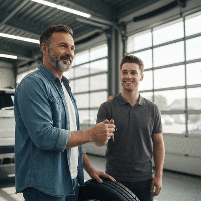 Customer receiving quick tire service in a modern garage, satisfied expression