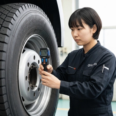Un technicien automobile vérifiant la pression d'un pneu utilitaire avec un manomètre numérique dans un environnement de garage professionnel
