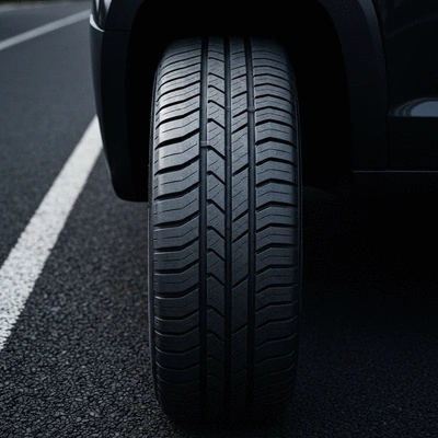 Close-up of an EV tire with a special tread pattern on a dark road, no text, no words, no typography, clean image