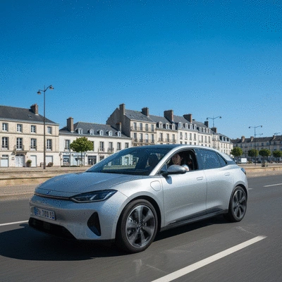 Car driving safely on a road in Rennes