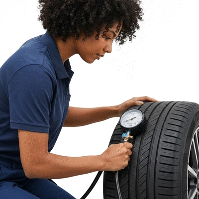 Person using a tire pressure gauge on a car tire, showing correct pressure