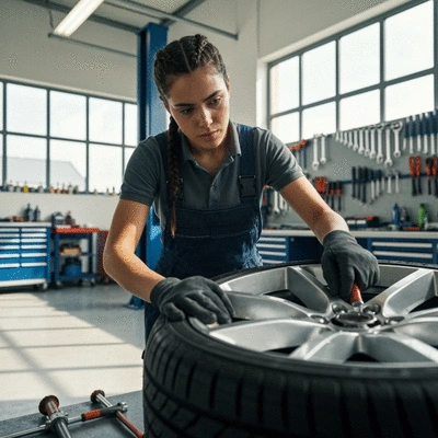 Mechanic working on car tire with tools in a clean garage