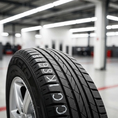 Gros plan sur un pneu utilitaire avec le marquage C visible, dans un garage automobile propre et bien éclairé