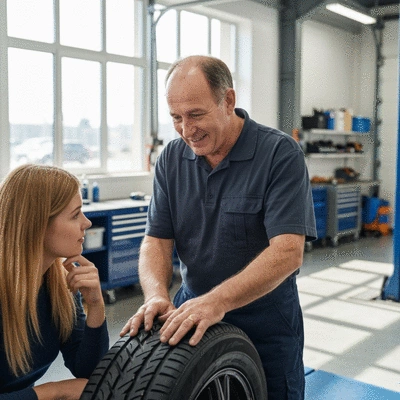 Mechanic explaining tire options to a customer in a clean garage setting