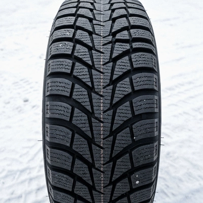 Close-up of a winter tire tread with deep grooves and sipes on a snowy road, no text, no words, no typography, 8K