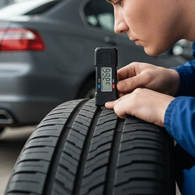 Person checking tire tread depth with a gauge