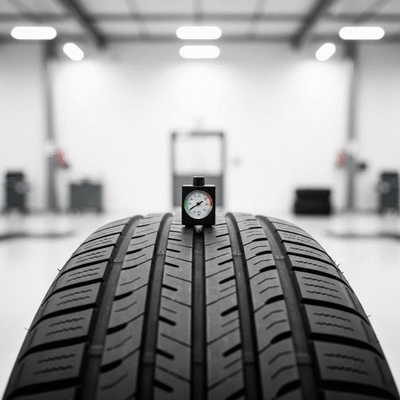 Close-up of a car tire with emphasis on tread depth measurement