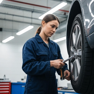 Professional mechanic balancing a car tire on an advanced machine