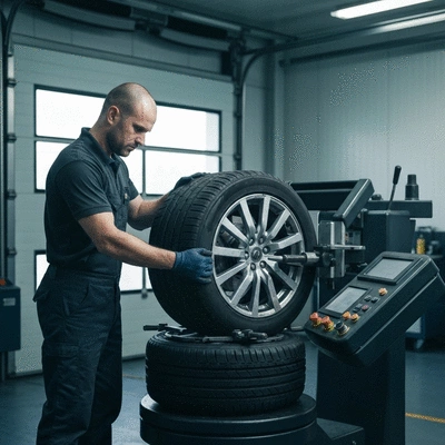 Mechanic mounting and balancing a tire in a garage