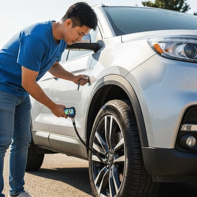 Person using a tire pressure gauge on a car tire