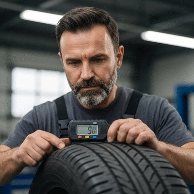 A mechanic checking a car tire's tread depth with a gauge