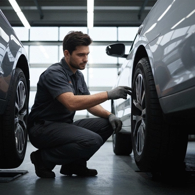 Mechanic inspecting a car tire for damage in a garage