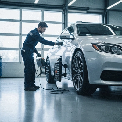 Mécanicien automobile vérifiant l'alignement des roues d'une voiture, en utilisant un équipement moderne, dans un garage propre. Pas de texte, pas de mots, pas de typographie, pas d'étiquettes, image propre.