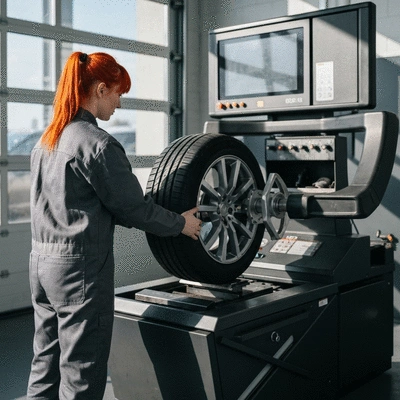 Mechanic balancing a car tire on a machine in a garage