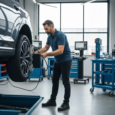 Mécanicien automobile ajustant l'alignement des roues d'une voiture sur un équipement de précision dans un atelier moderne