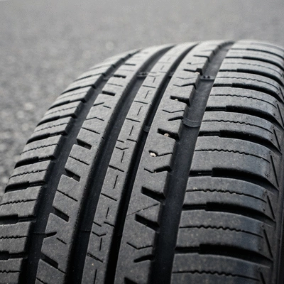 Close-up of a car tire with visible tread wear on a road, showing signs of aging, no text, no words, no typography, clean image