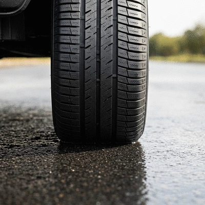 Close-up of a car tire tread interacting with a wet road, illustrating good grip and safety standards, no text, no words, no typography, no labels, clean image