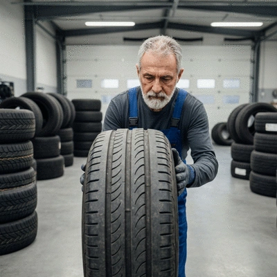 Mechanic inspecting a used tire in a garage, with other tires stacked in the background, no text, no words, no typography, clean image