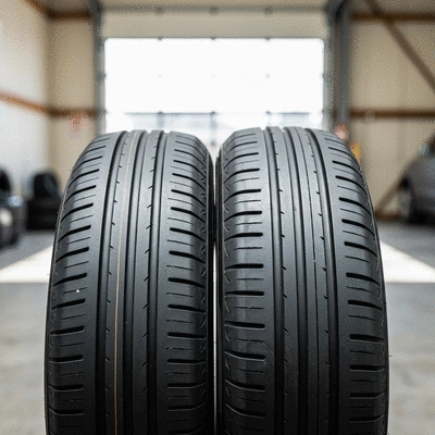 Gros plan sur un pneu neuf et un pneu d'occasion côte à côte, mettant en évidence les différences d'usure et de bande de roulement.