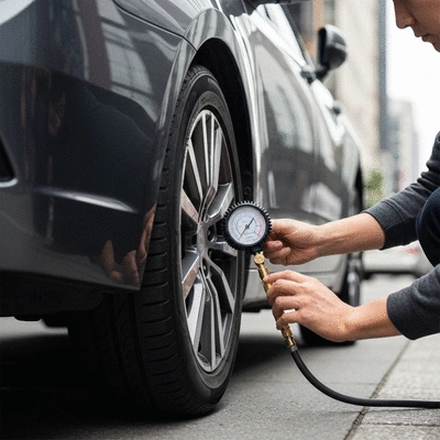 Person checking tire pressure on a car in a city setting