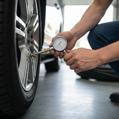 Person checking tire pressure with a gauge