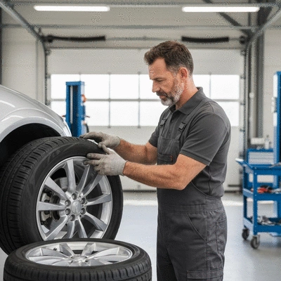 Mechanic working on car tire and alloy wheel in a clean garage