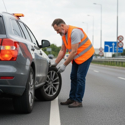 Personne évaluant les dégâts d'un pneu crevé sur le côté de la route