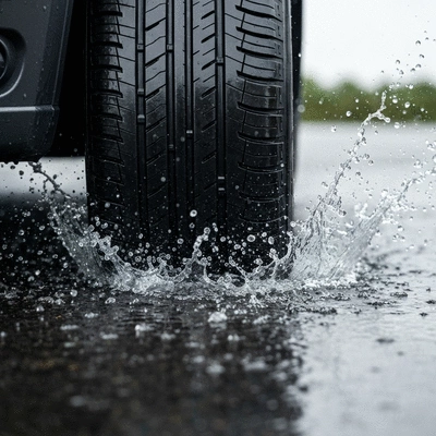 Car tire with excellent grip on a wet road, showing water splashing, safety concept, no text, no words, no typography, clean image, 8K