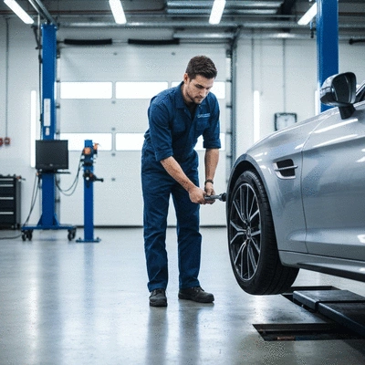 Mechanic working on car tire in a garage, modern equipment, clean environment