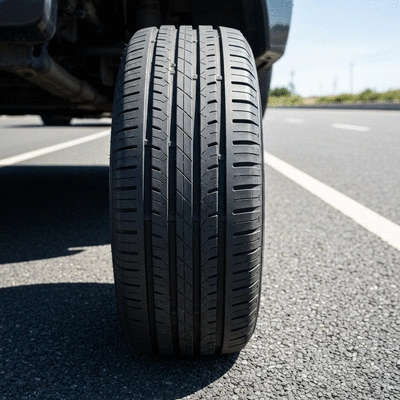 Car tire with good tread depth on a road, safety concept, clean image