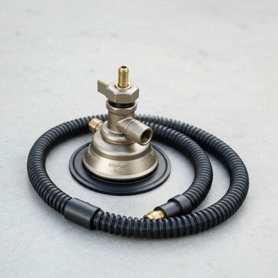 Gros plan sur une valve de pneu de voiture avec un tuyau de gonflage attaché, symbolisant le gonflage à l'azote. L'image met l'accent sur la connexion sécurisée et le processus, avec un arrière-plan légèrement flou pour se concentrer sur l'action principale.