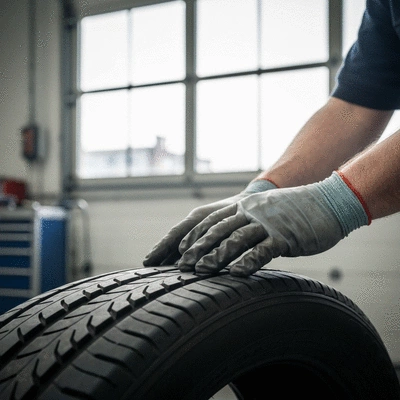 Mechanic inspecting a car tire before installation