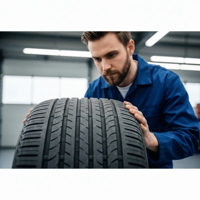 Person inspecting a used car tire for wear and damage