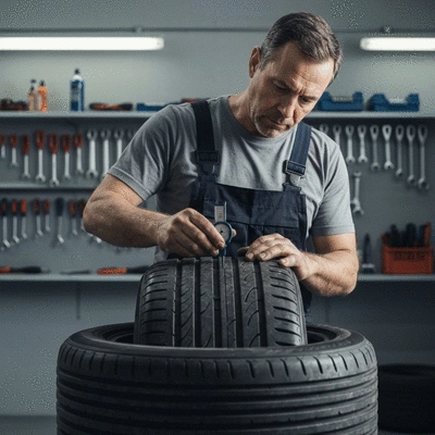 Automobile mechanic inspecting a used car tire for wear and damage in a garage setting